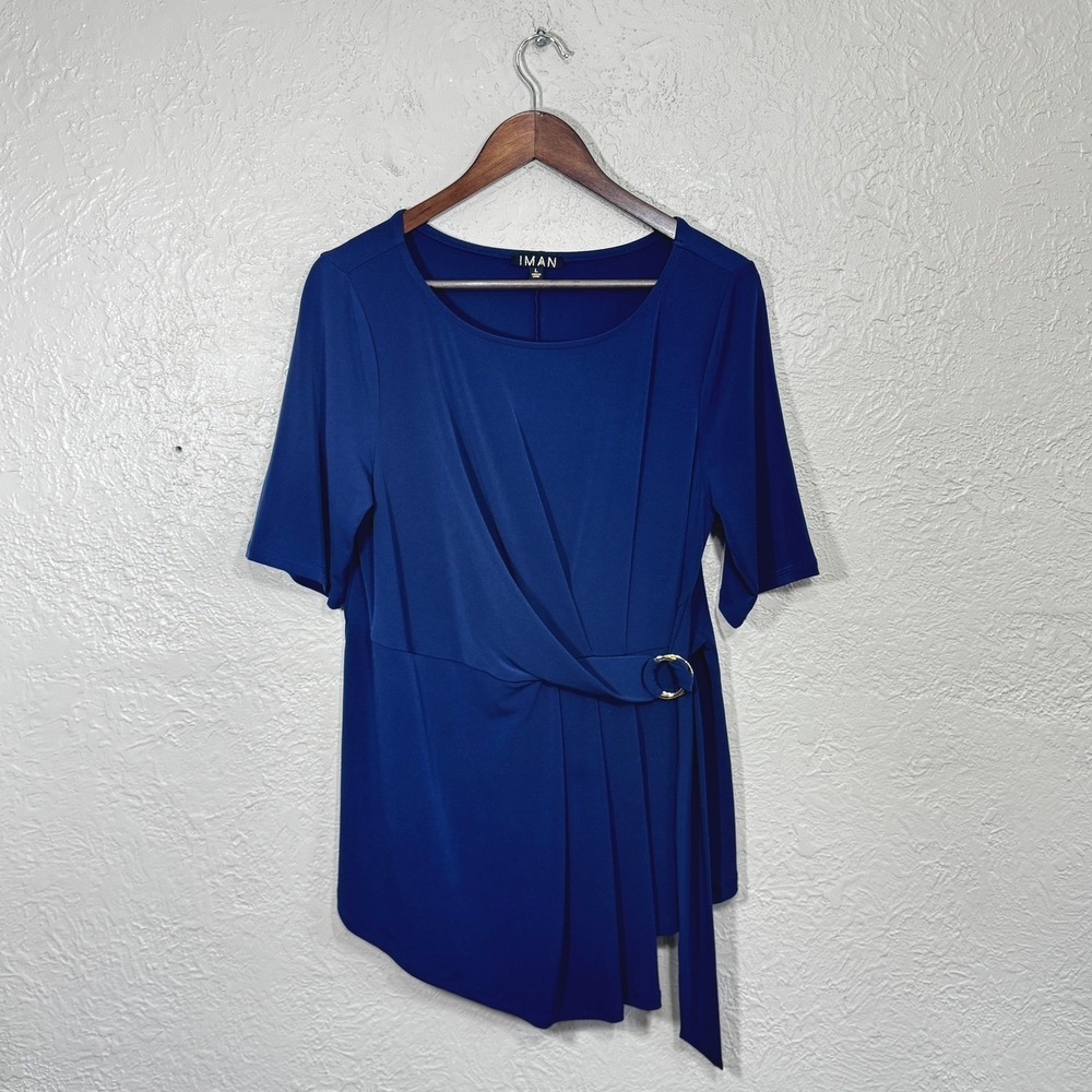 IMAN Tunic Top Large Navy Gold Draped Asymmetric Jersey Old Money Career Preppy
